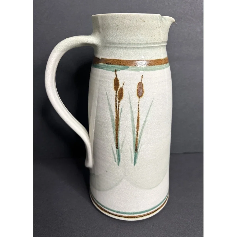 R Turnage Pottery Pitcher Cattail Reed Handmade Hand Painted Virginia *READ